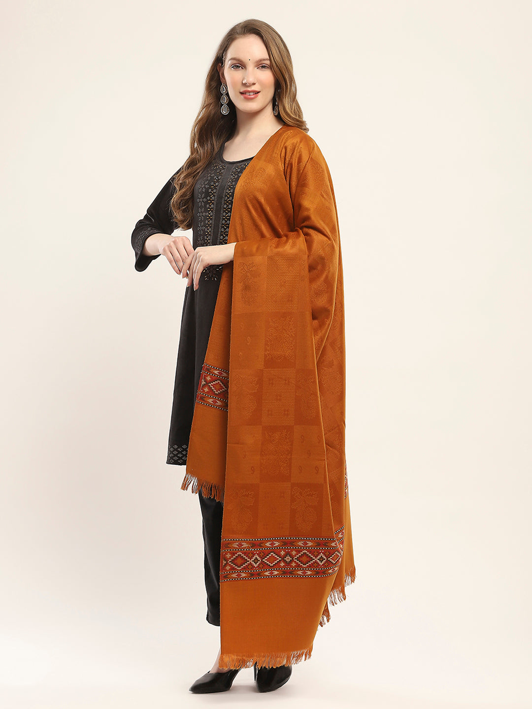 Women Mustard Self Design Shawl