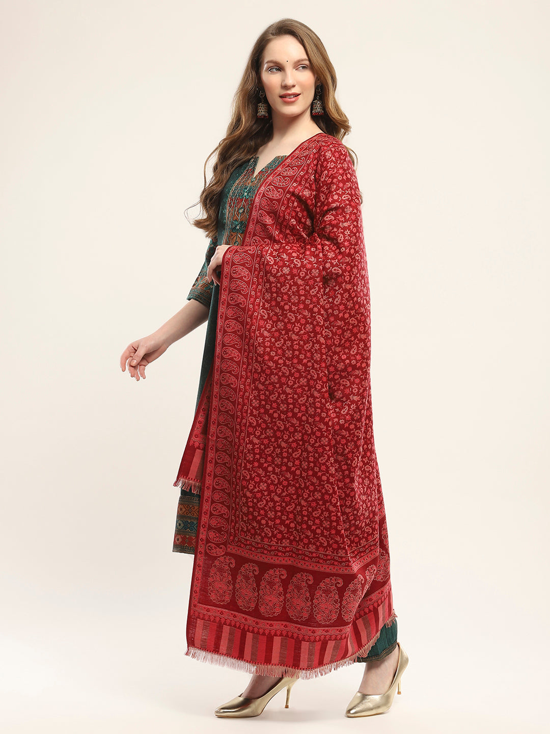 Women Maroon Self Design Shawl