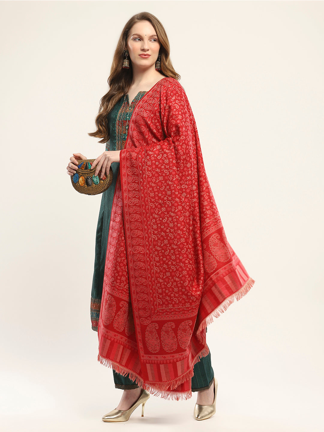Women Red Self Design Shawl