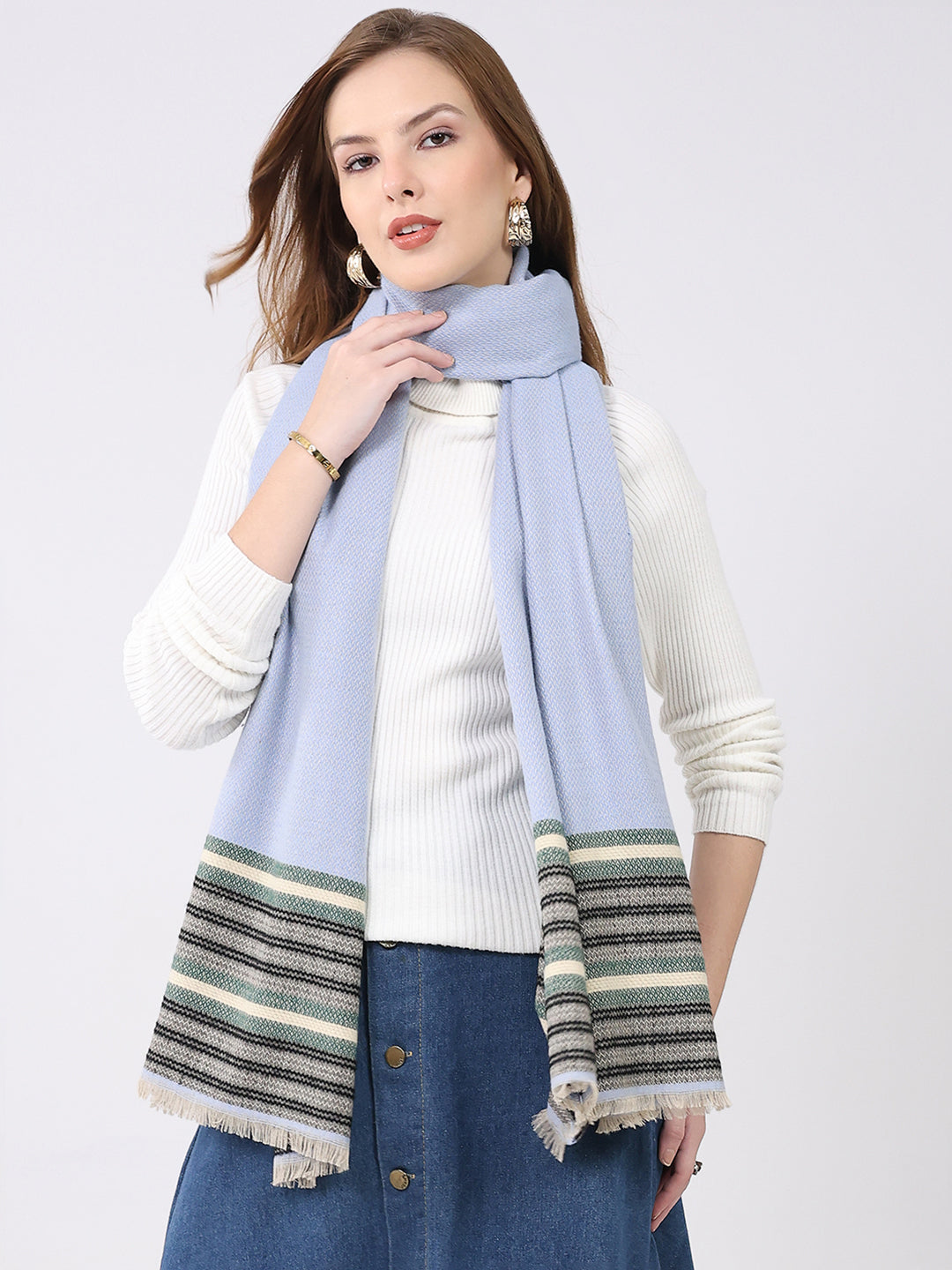 Women Blue Self Design Wool Stole