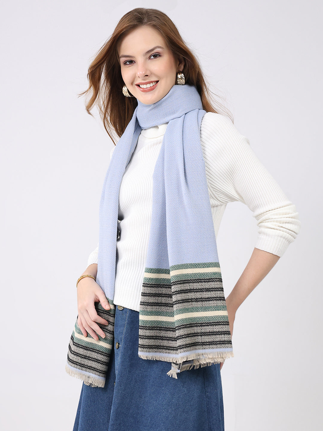 Women Blue Self Design Wool Stole