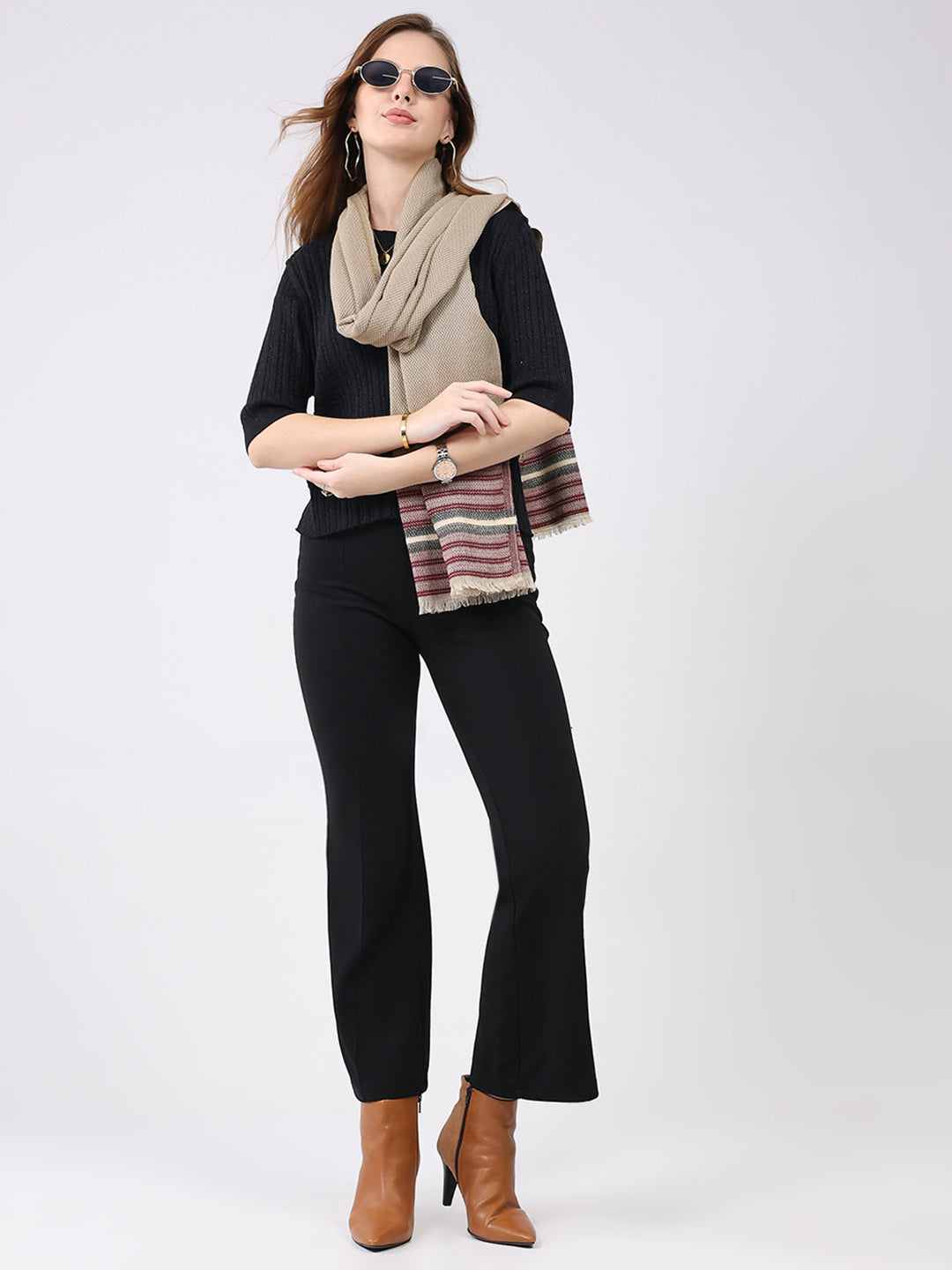 Women Beige Self Design Wool Stole