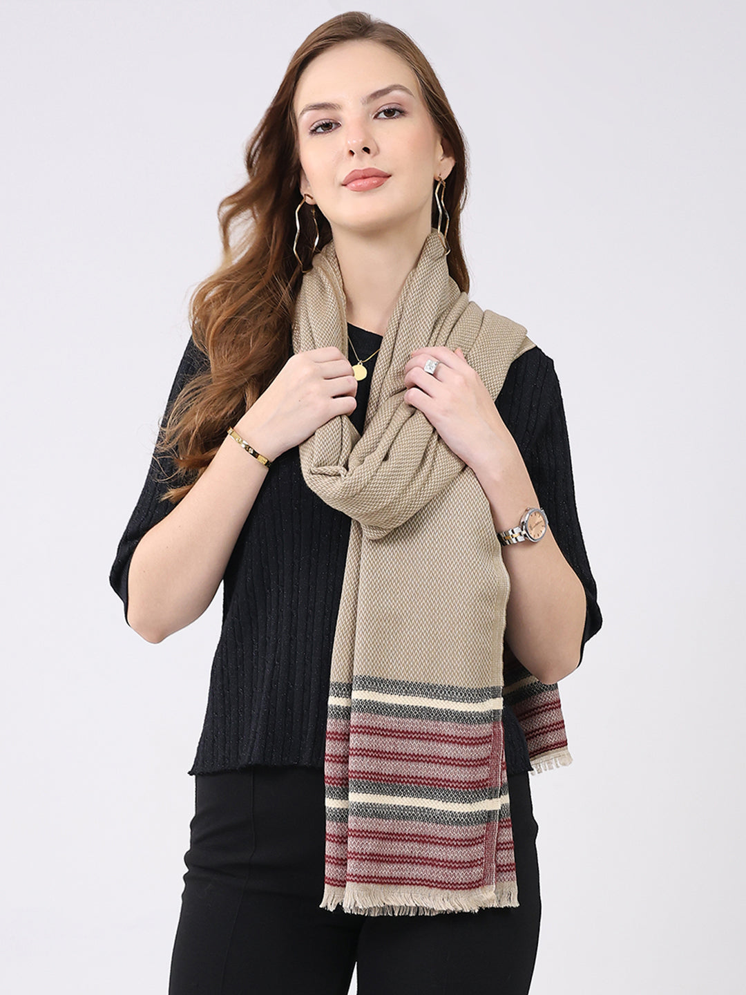 Women Beige Self Design Wool Stole