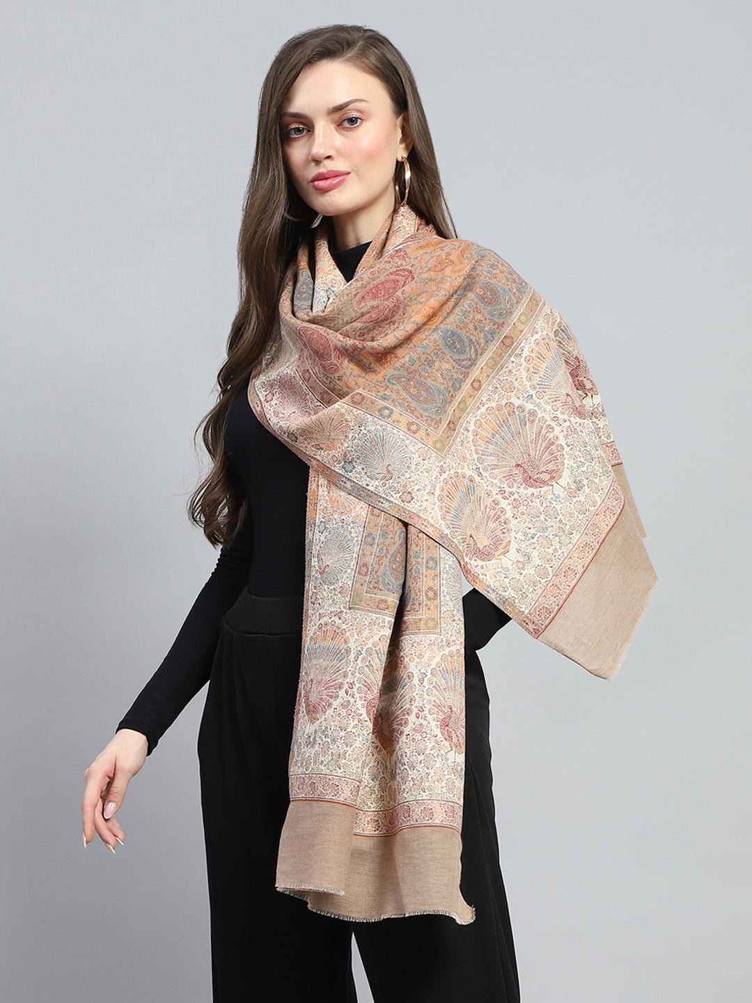 Women Beige Self Design Stole