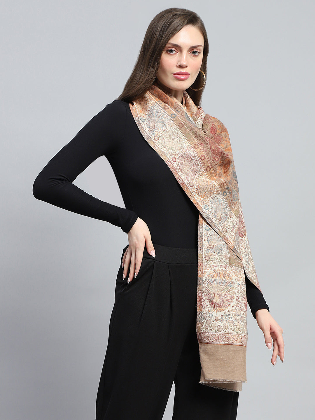 Women Beige Self Design Stole