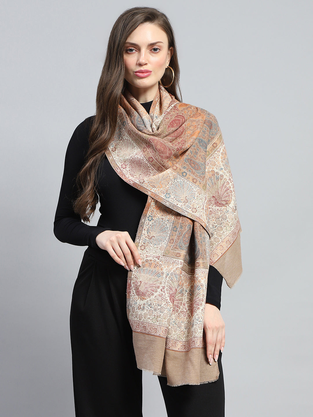 Women Beige Self Design Stole