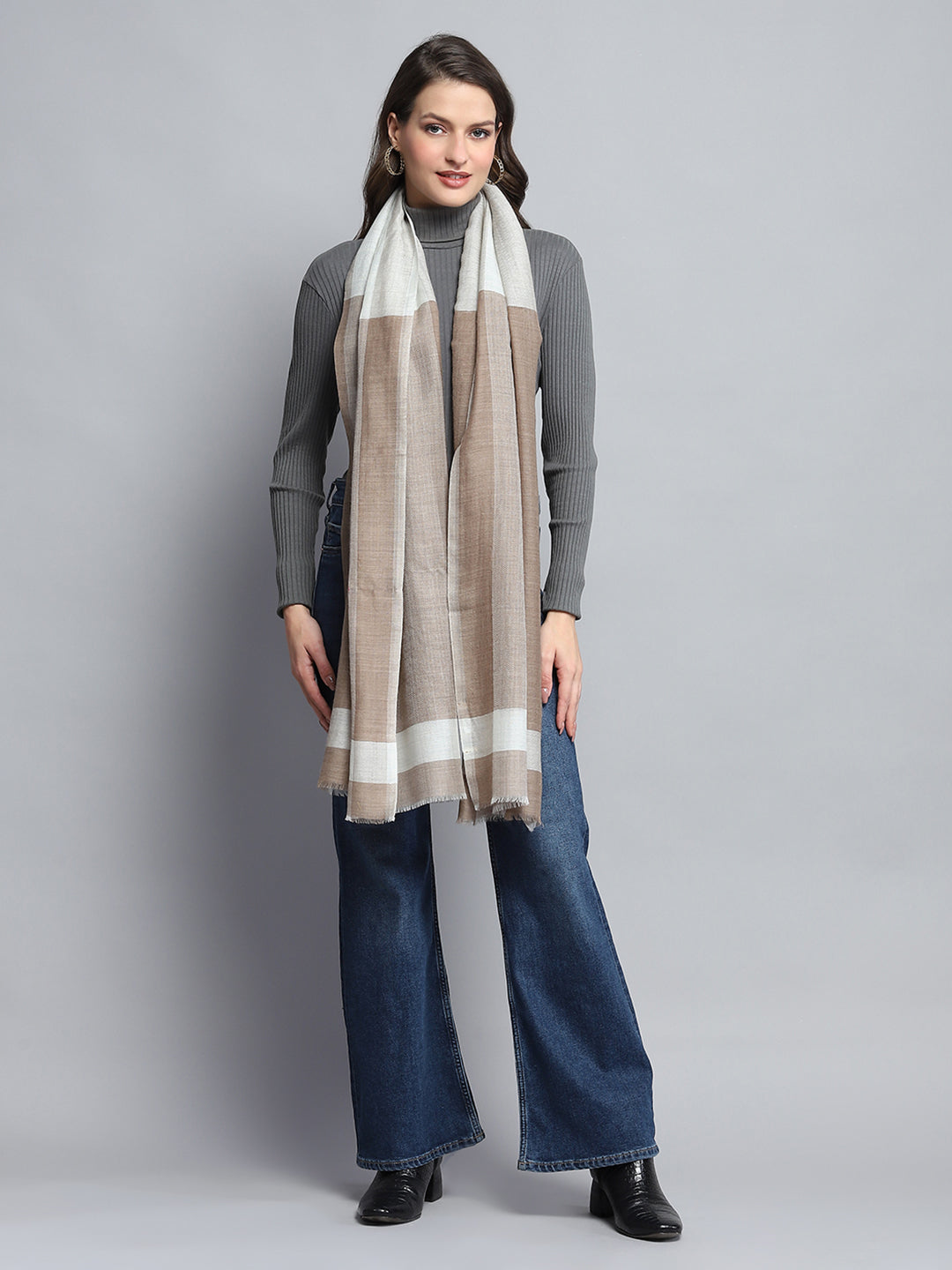 Women Beige Self Design Stole