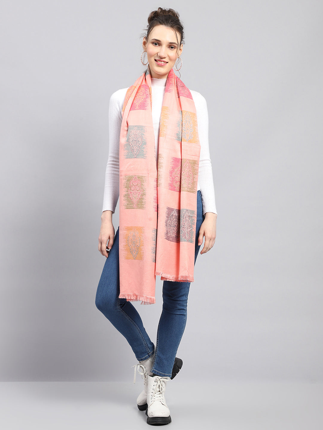 Women Peach Self Design Stole