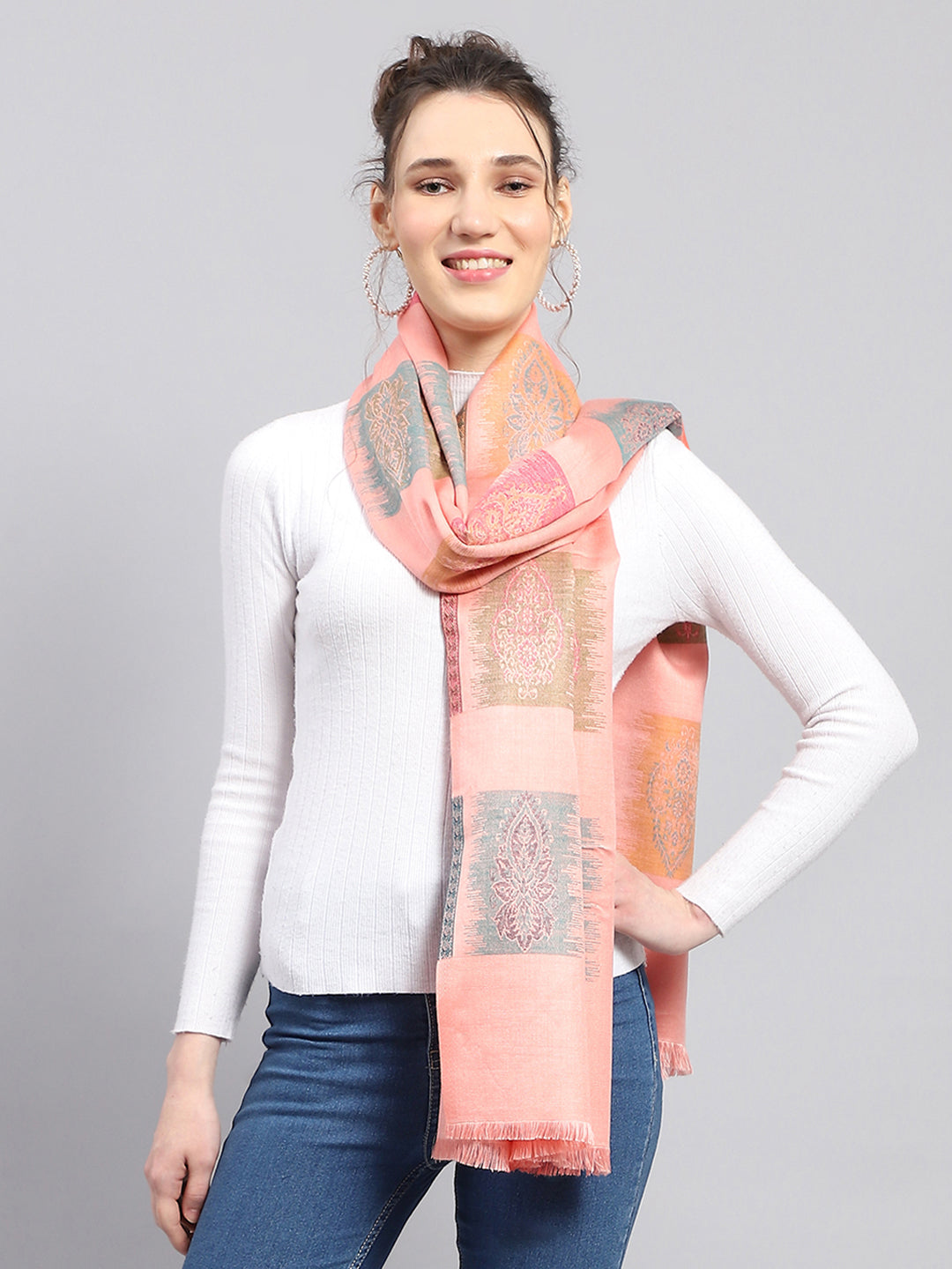 Women Peach Self Design Stole