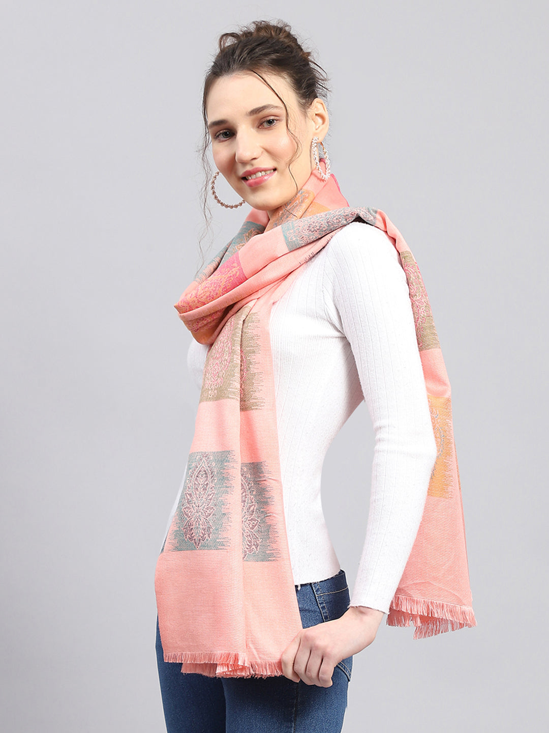 Women Peach Self Design Stole