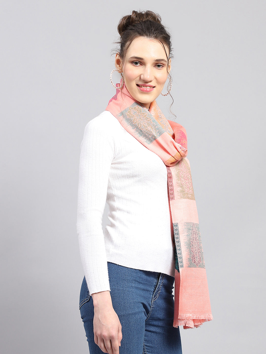Women Peach Self Design Stole
