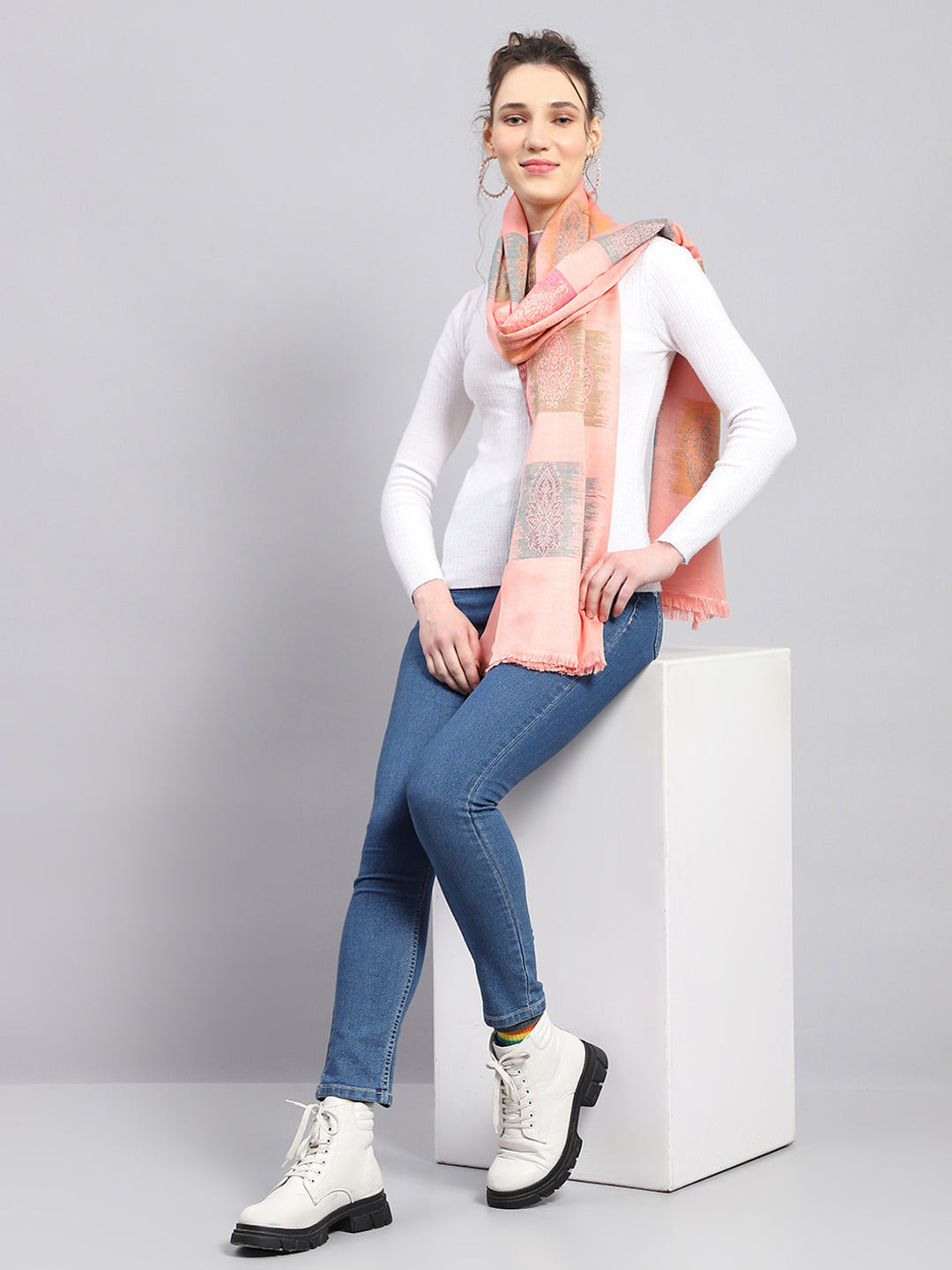 Women Peach Self Design Stole