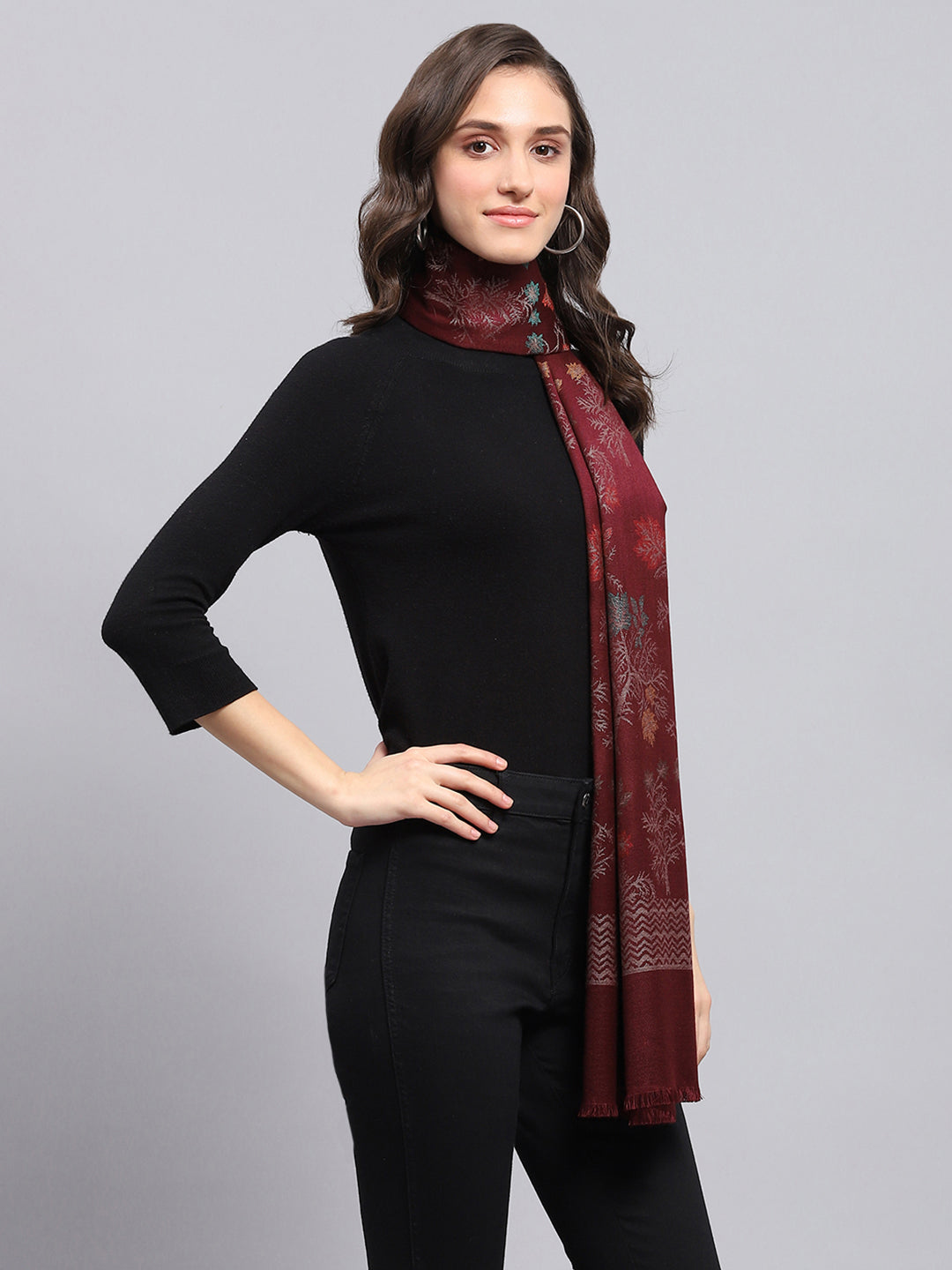 Women Maroon Self Design Stole