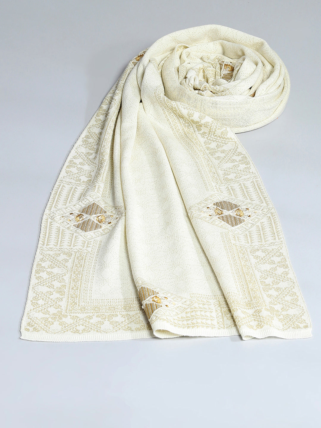 Women Cream Self Design Stole