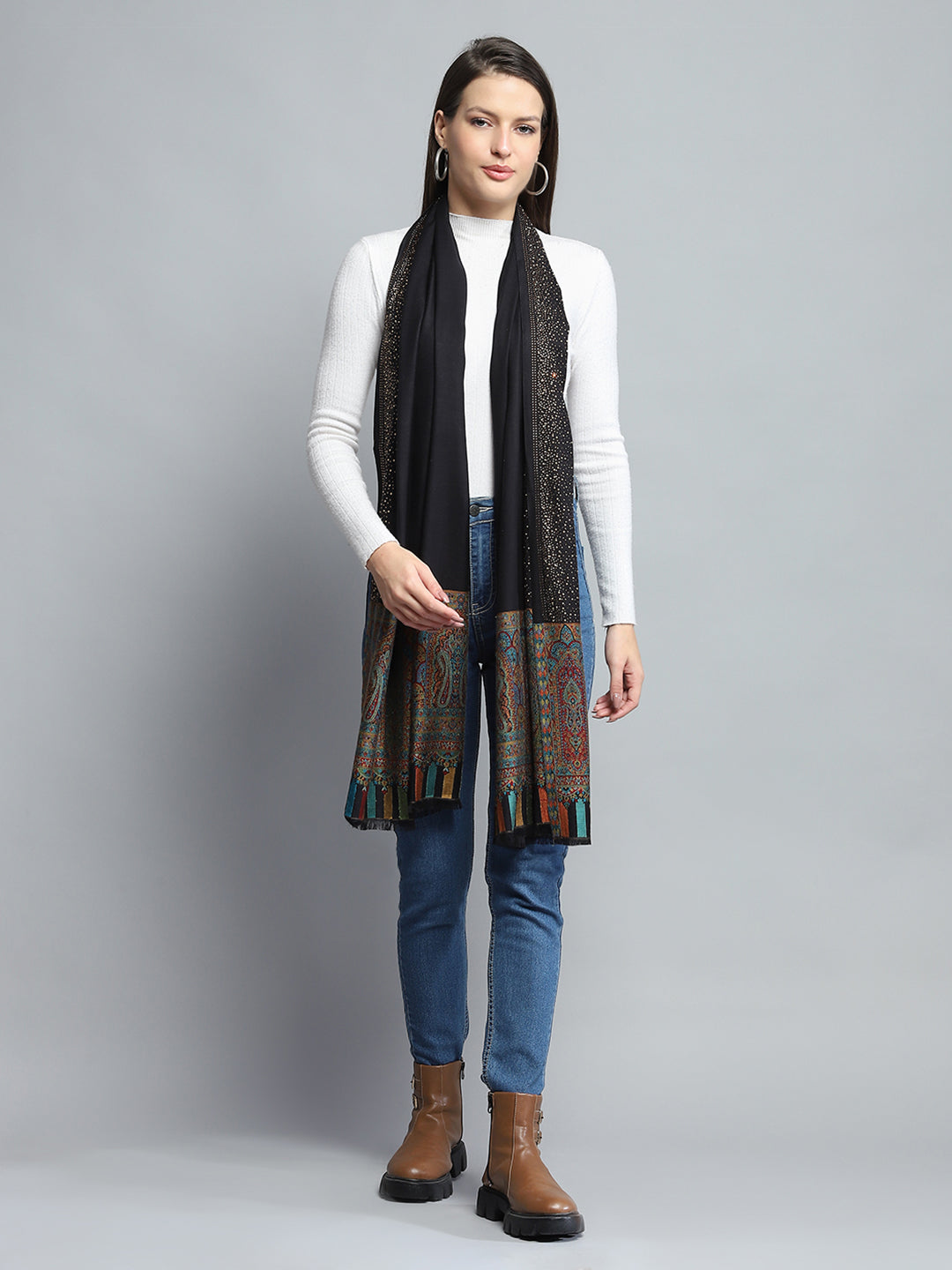 Women Black Self Design Stole