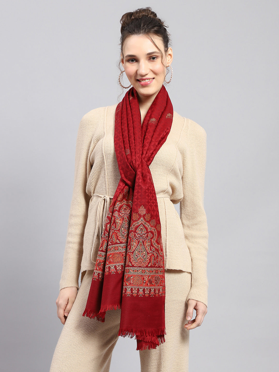 Women Maroon Self Design Stole