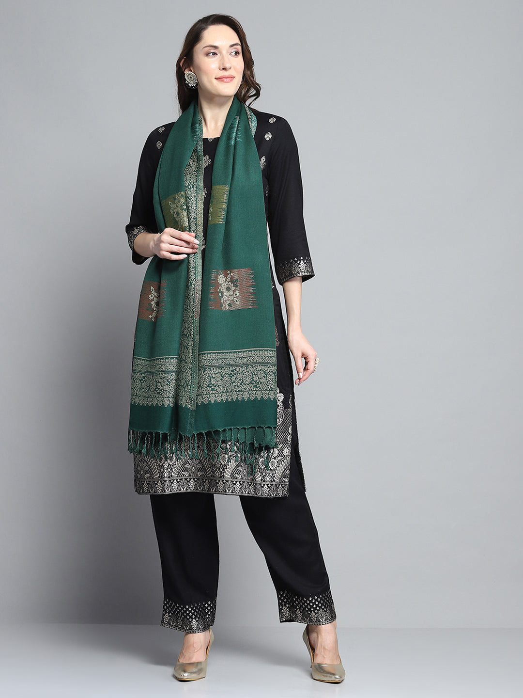 Women Green Self Design Stole