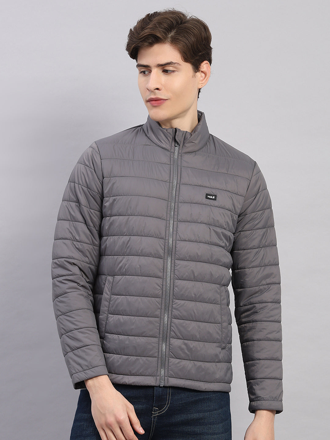 Rock.it Men Grey Solid Stand Collar Full Sleeve Jacket
