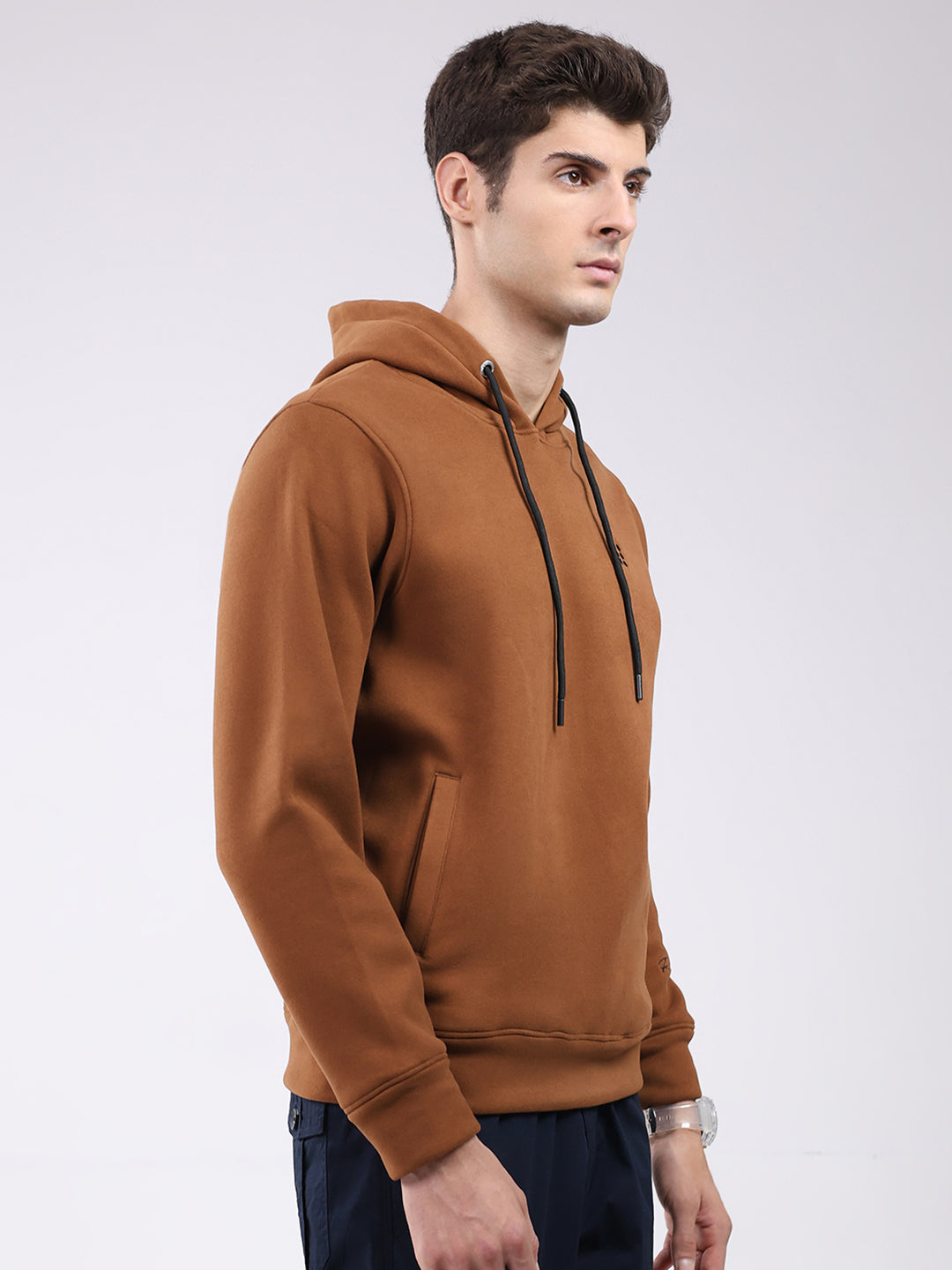 Rock.it Men Tan Solid Hooded Full Sleeve Sweatshirt
