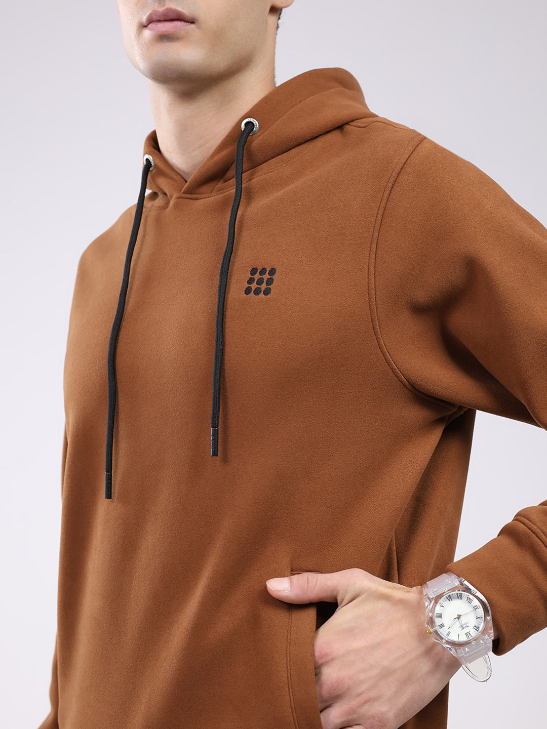 Rock.it Men Tan Solid Hooded Full Sleeve Sweatshirt