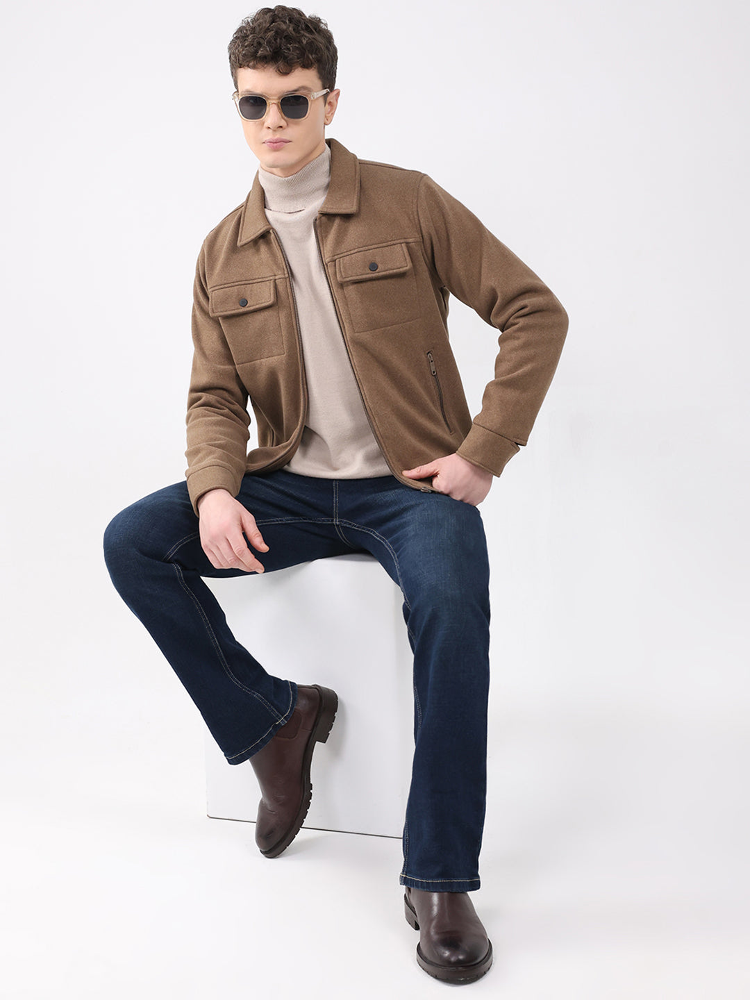 Rock.it Men Brown Solid Collar Full Sleeve Knitted Jacket