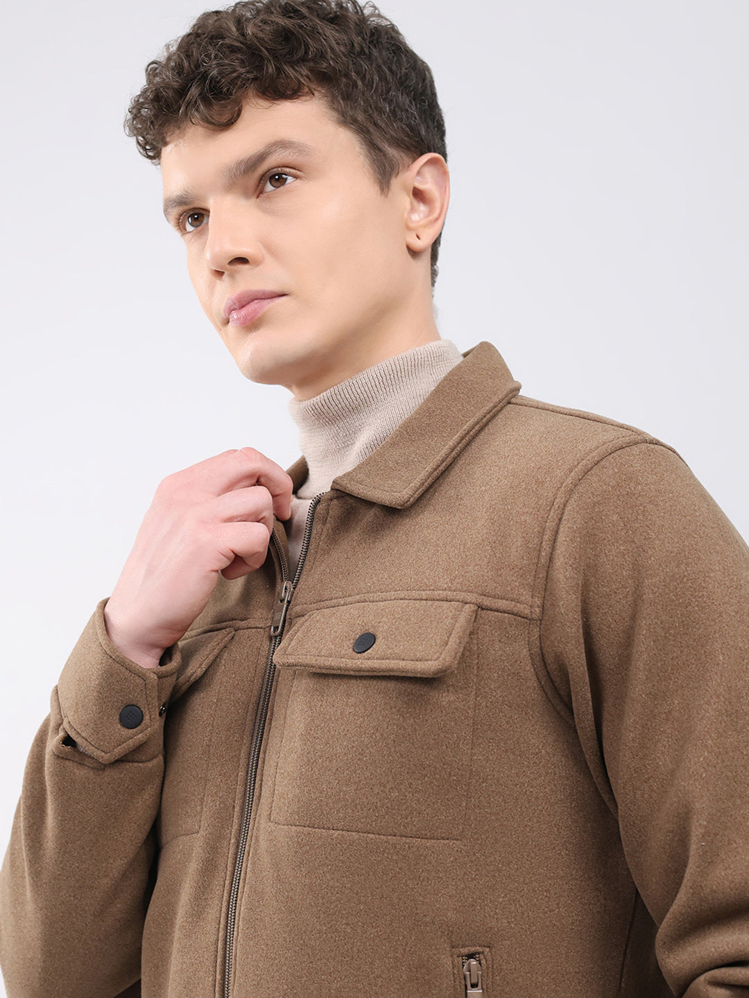 Rock.it Men Brown Solid Collar Full Sleeve Knitted Jacket