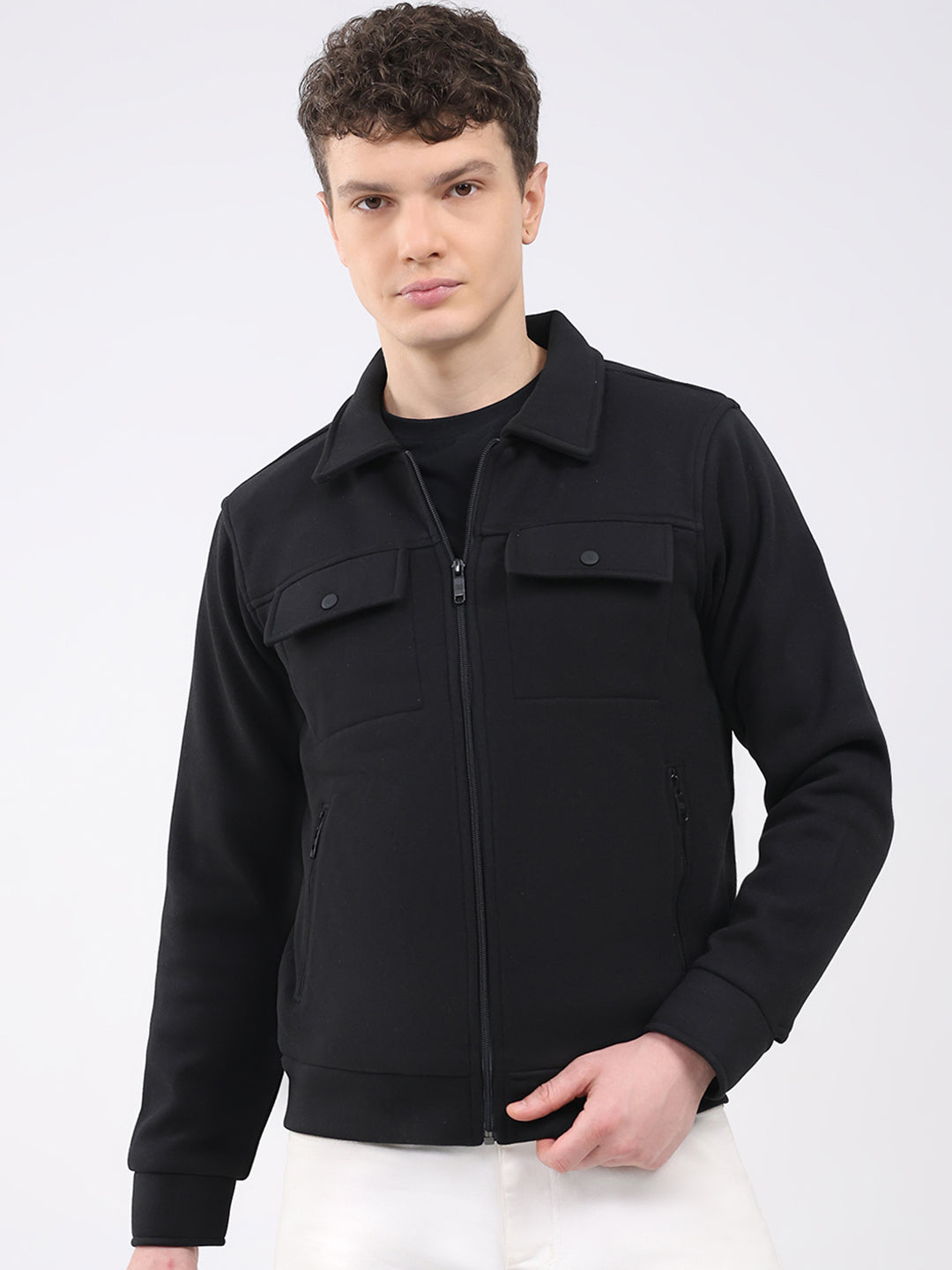 Rock.it Men Black Solid Collar Full Sleeve Knitted Jacket