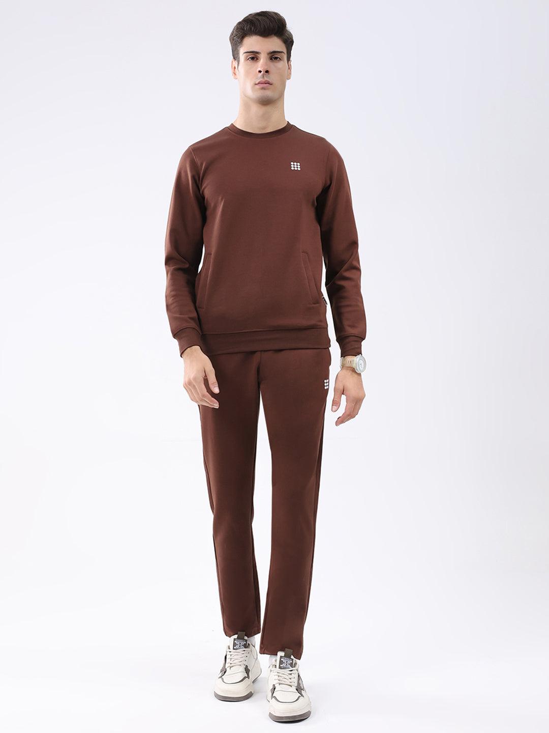 Rock.it Men Brown Solid Round Neck Full Sleeve Winter Tracksuit