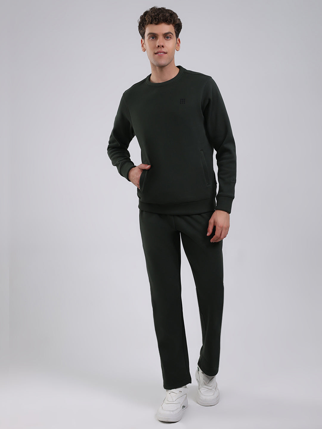 Rock.it Men Olive Solid Round Neck Full Sleeve Winter Tracksuit