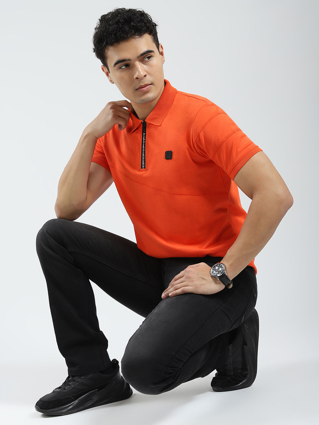 Men Orange Solid Collar Half Sleeve T-Shirt