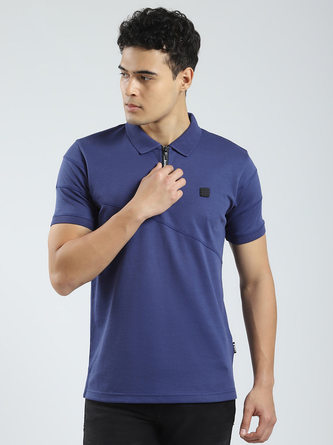 Men Blue Solid Collar Half Sleeve T-Shirt