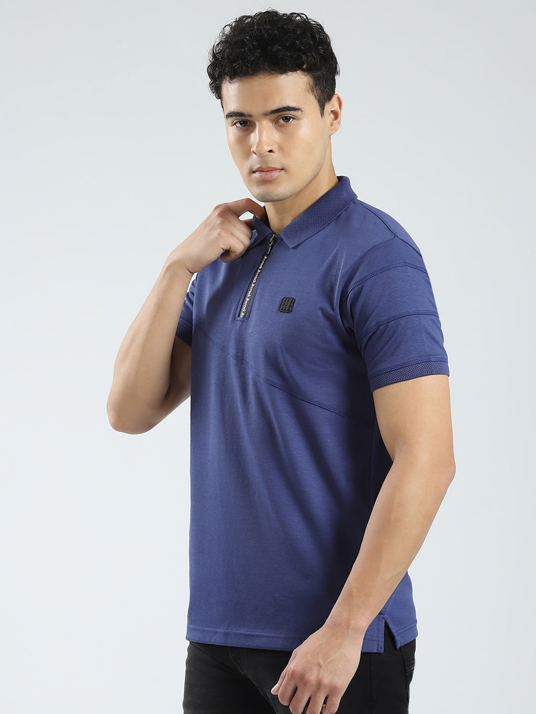 Men Blue Solid Collar Half Sleeve T-Shirt