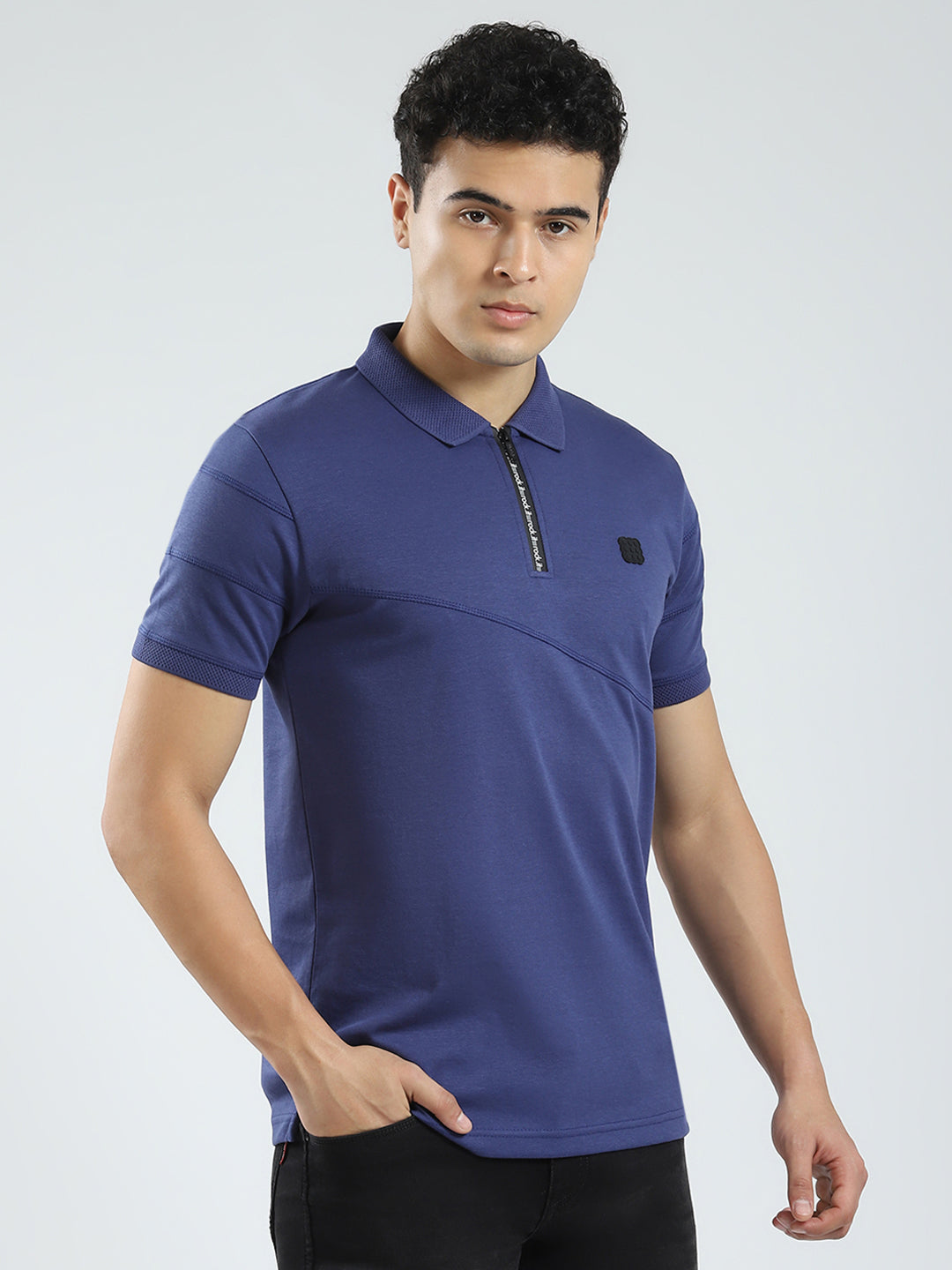 Men Blue Solid Collar Half Sleeve T-Shirt
