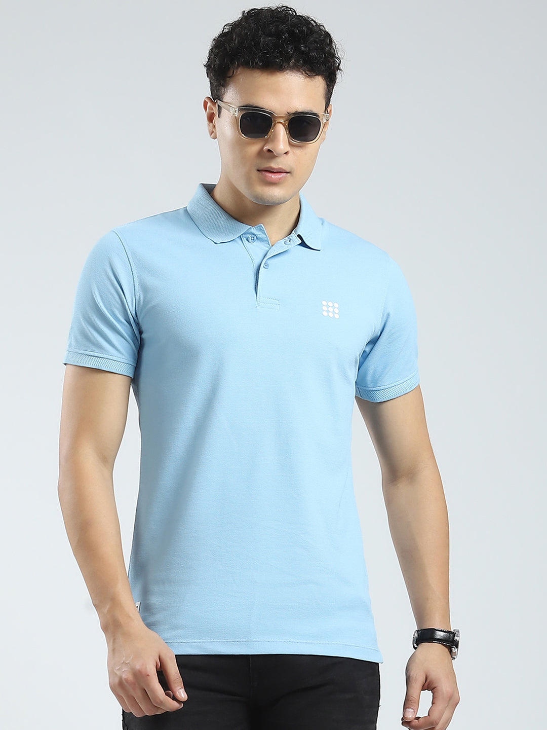 Men Blue Solid Collar Half Sleeve T-Shirt
