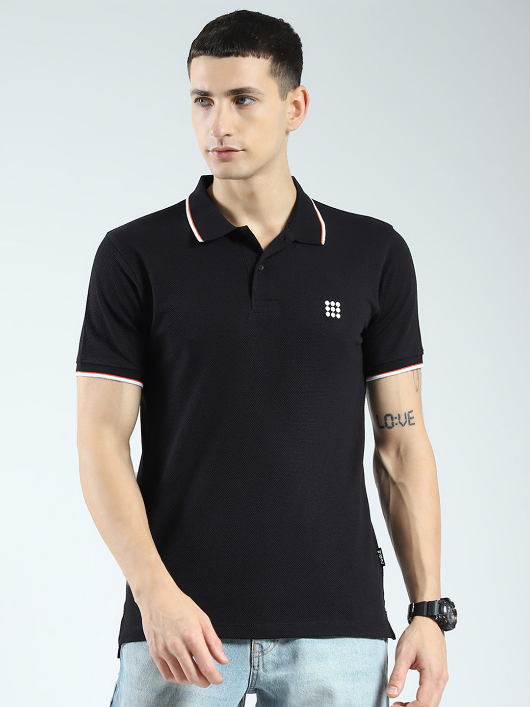 Rock.it Men Black Self Design Collar Half Sleeve T-Shirt