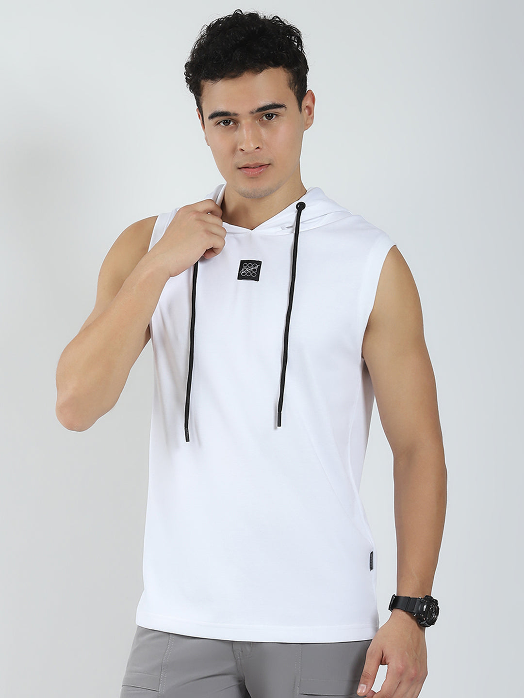 Men White Solid Hooded Sleeveless T-Shirt