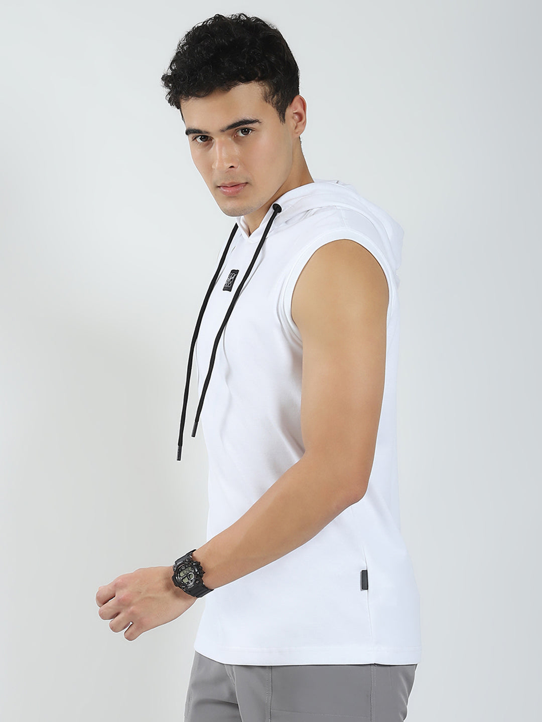 Men White Solid Hooded Sleeveless T-Shirt