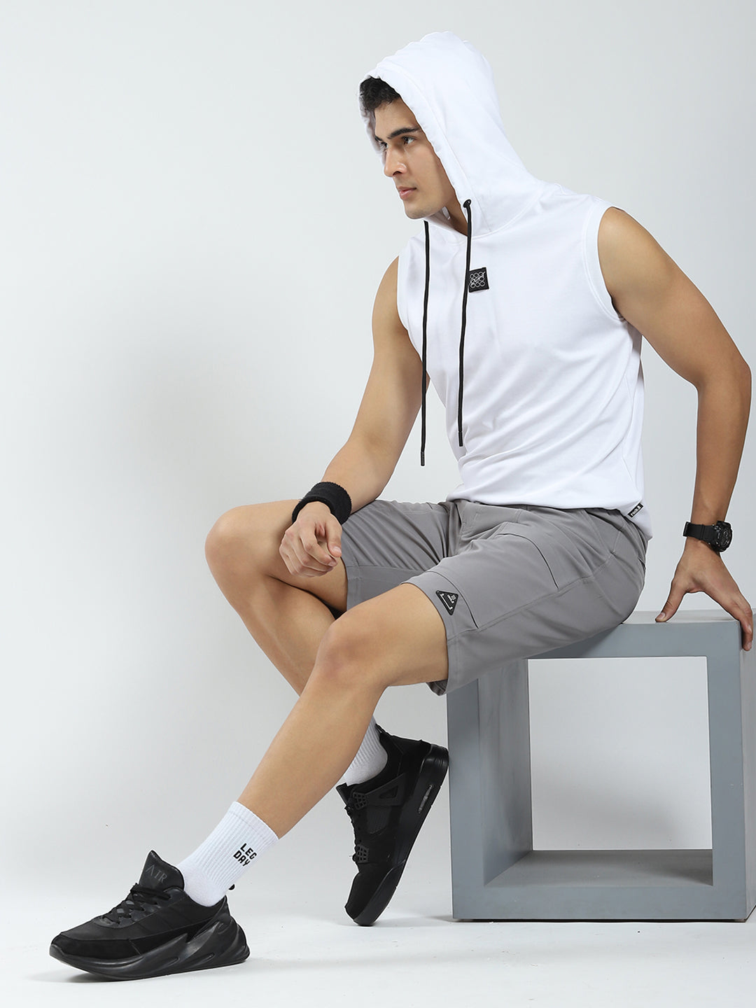 Men White Solid Hooded Sleeveless T-Shirt