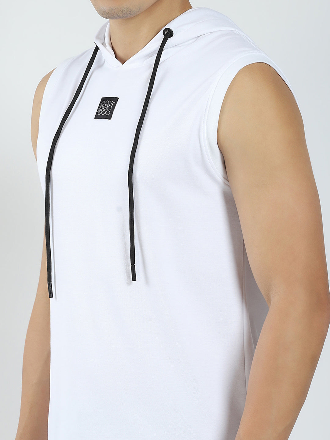 Men White Solid Hooded Sleeveless T-Shirt