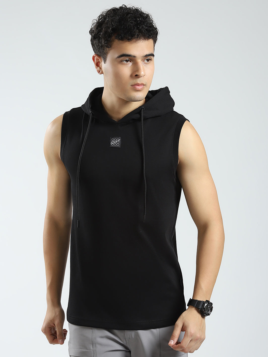 Men Black Solid Hooded Sleeveless T-Shirt