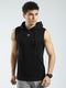 Men Black Solid Hooded Sleeveless T-Shirt