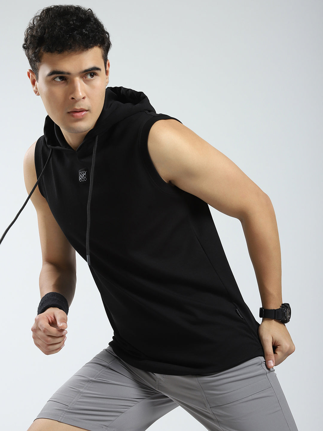 Men Black Solid Hooded Sleeveless T-Shirt