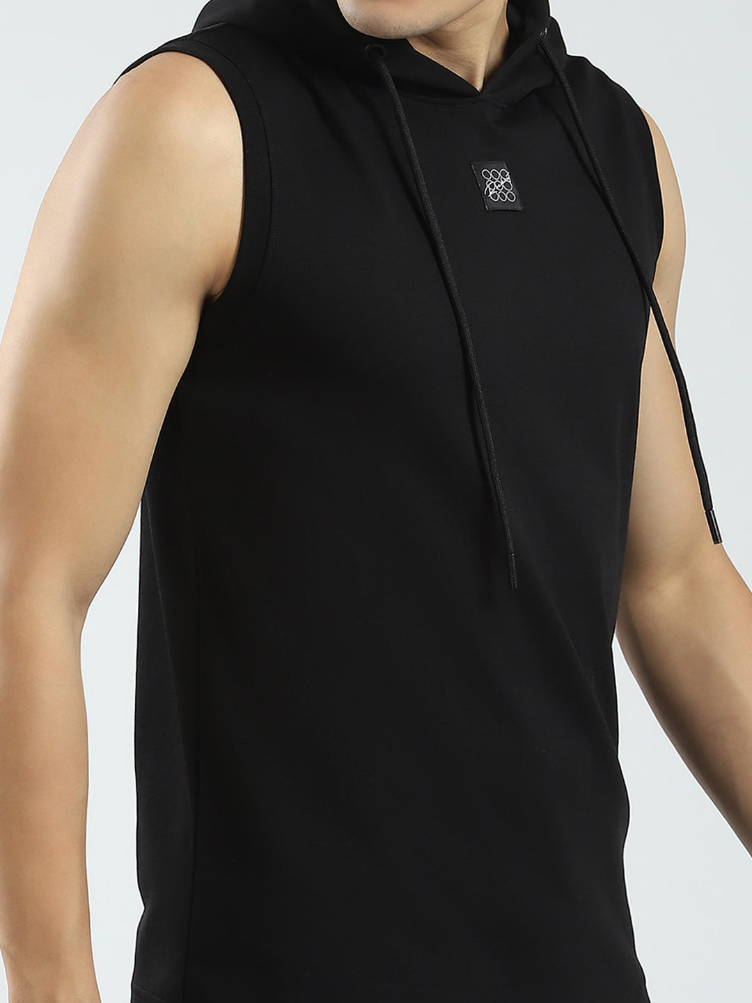 Men Black Solid Hooded Sleeveless T-Shirt