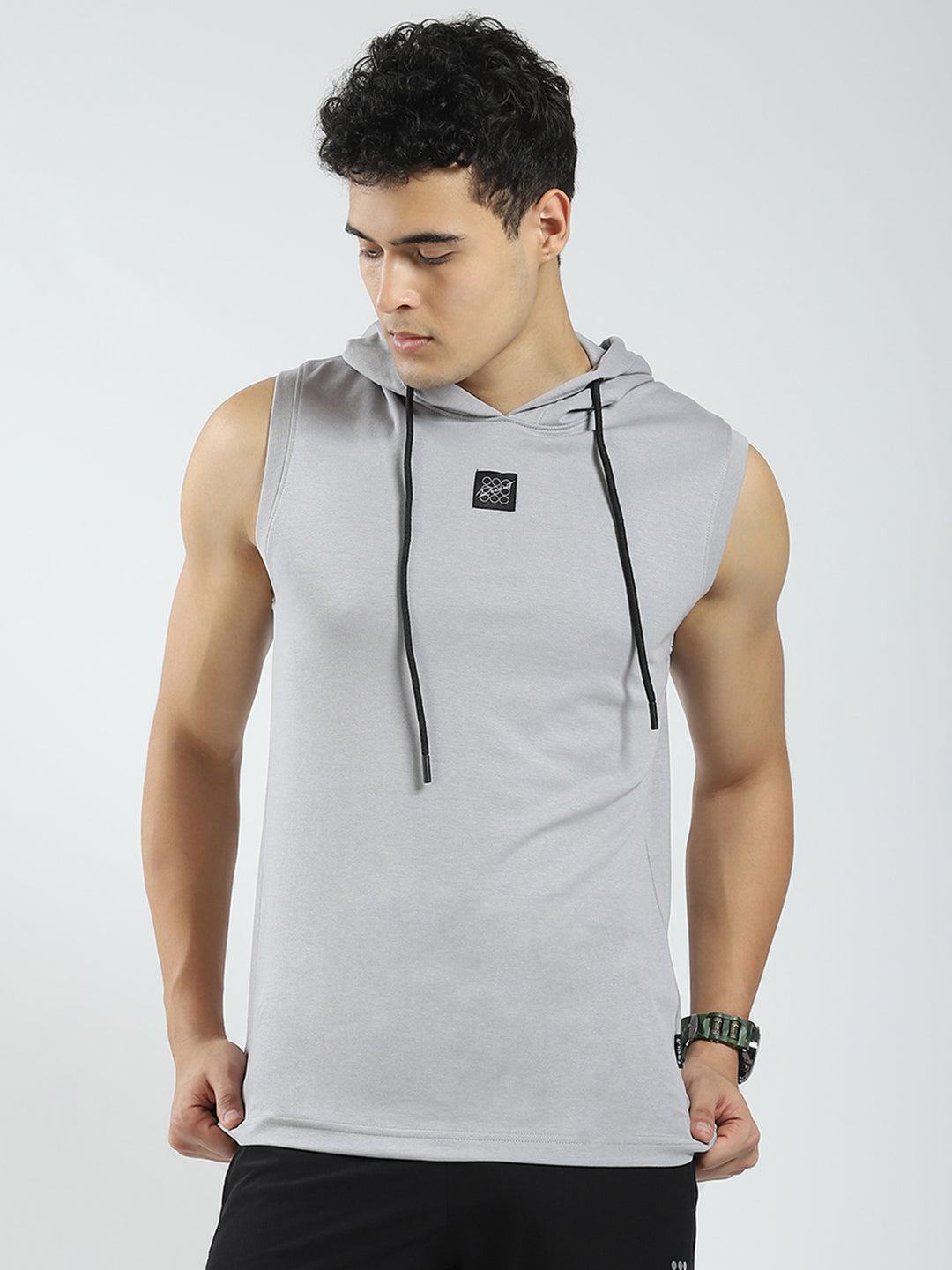 Men Grey Solid Hooded Sleeveless T-Shirt