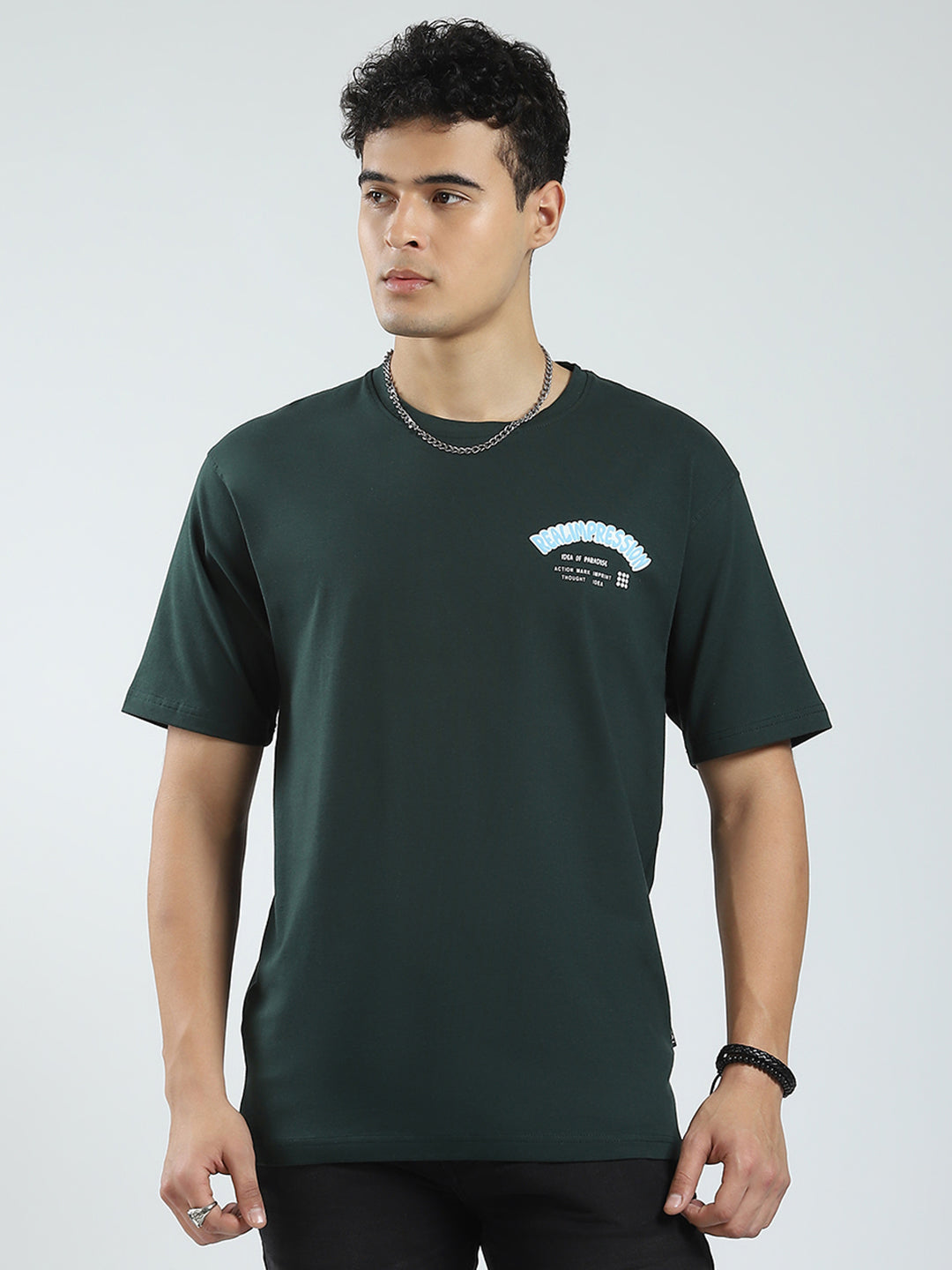 Men Green Printed Round Neck Half Sleeve T-Shirt