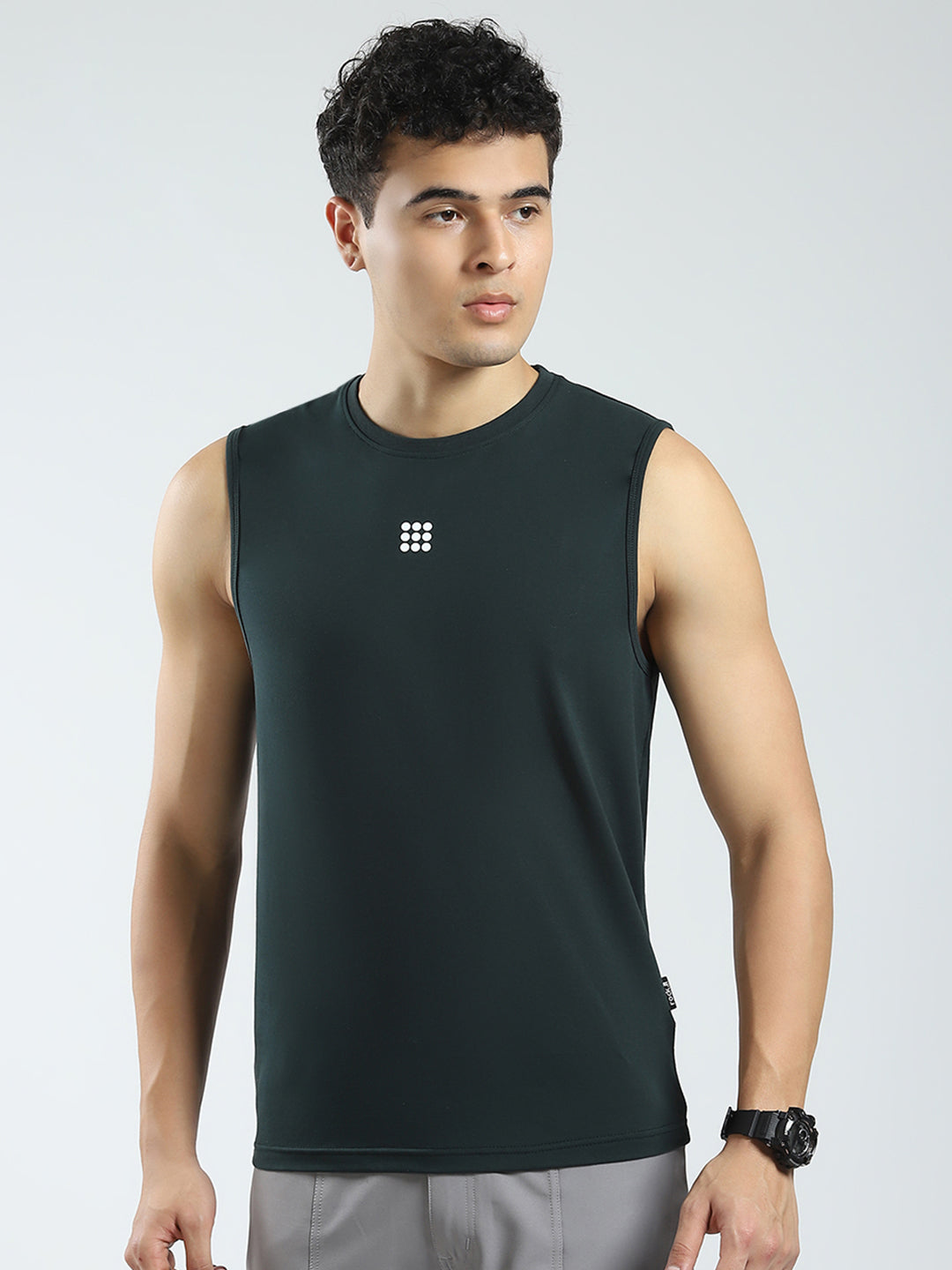 Men Teal Blue Solid Round Neck Sleeveless T-Shirt