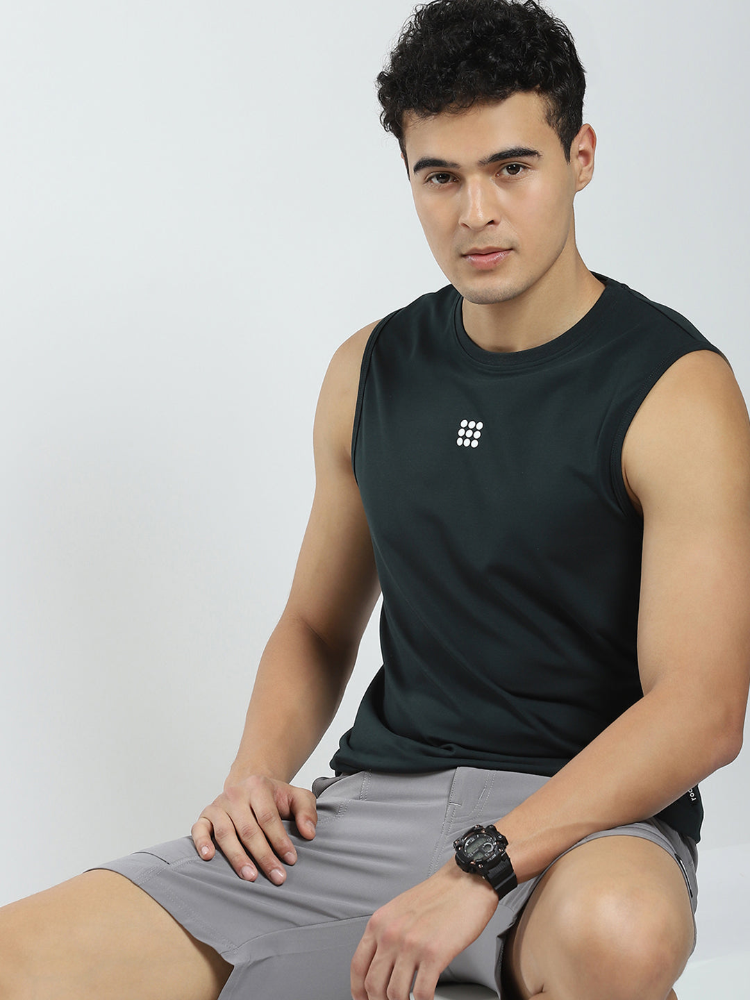 Men Teal Blue Solid Round Neck Sleeveless T-Shirt
