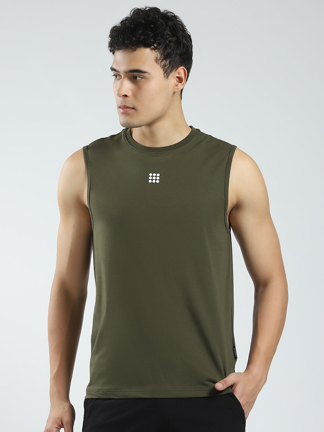 Men Olive Solid Round Neck Sleeveless T-Shirt