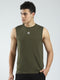 Men Olive Solid Round Neck Sleeveless T-Shirt