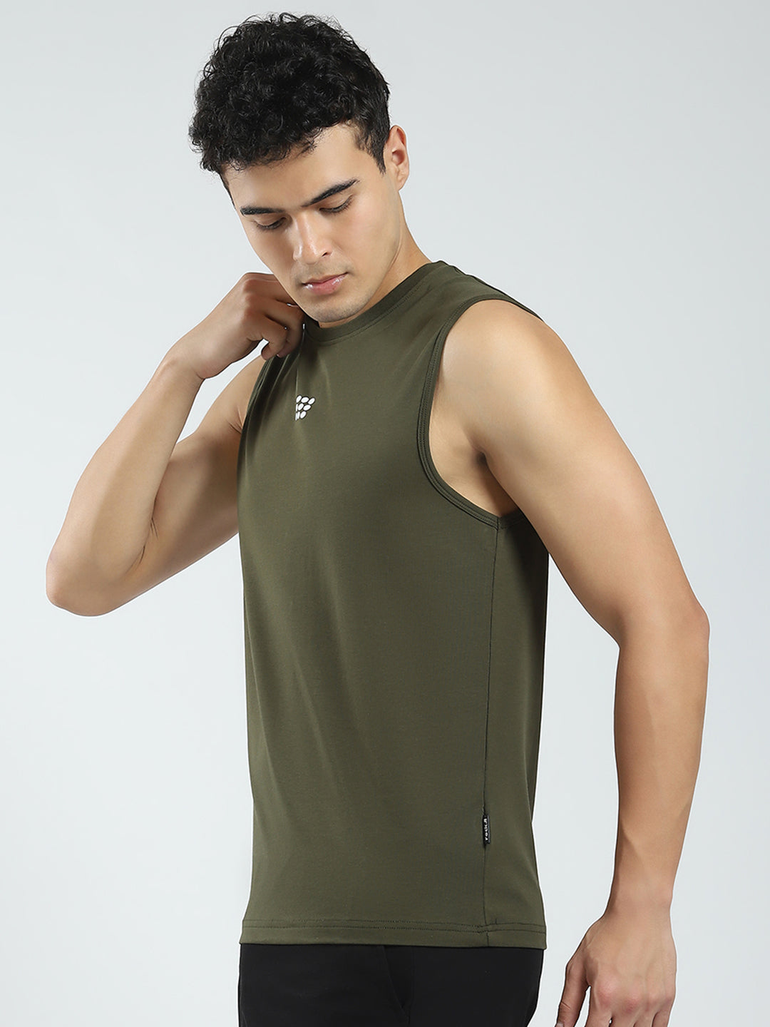 Men Olive Solid Round Neck Sleeveless T-Shirt